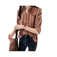 Women Clothes Summer Striped Print Sleeve Button Up Shirt Simple Casual -Neck Blouse Irregular Chiffon Tops