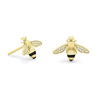 Honey Bee Stud Earrings For Women's Girls Round D/VVS1 Diamond 14K Yellow & Black Gold Plated 925 Sterling Silver (Push Back)