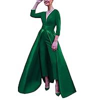 VeraQueen Women's V Neck 3/4 Long Sleeves Satin Jumpsuits with Detachable Skirt