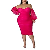 Women's Plus Size Off Shoulder Mesh Puff Long Sleeve Bodycon Ruched Midi Party Cocktail Dress