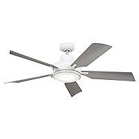 Kichler 56 Inch Guardian 5 Blade LED Indoor Ceiling Fan with Etched Cased Opal Glass in White with Silver Blades and Brushed Nickel Accents