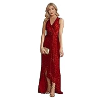 Women's V-Neck Sequin Prom Dresses Glitter Backless Evening Party Gowns with Slit