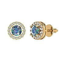 1.54cttw Round Cut Halo Solitaire Genuine Blue Moissanite Pair of Solitaire Stud Screw Back Designer Earrings 18k Yellow Gold