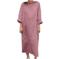 3/4 Sleeve Cotton Linen Dress for Women, 2023 Loose Summer Dresses Casual Crewneck Midi Dresses Fashion Sundresses