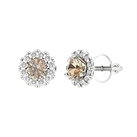 0.82ct Round Cut Halo Solitaire Genuine Yellow Moissanite Unisex Pair of Solitaire Stud Screw Back Earrings 14k White Gold