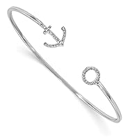 1.6mm 925 Sterling Silver Rhodium Plated CZ Cubic Zirconia Simulated Diamond Nautical Ship Mariner Anchor Slip on Cuff Stackable Bangle Bracelet Jewelry for Women