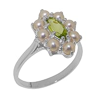 Solid 10k White Gold Natural Peridot & Cultured Pearl Womens Cluster Ring - Sizes 4 to 12 Available
