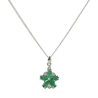 Solid 925 Sterling Silver Natural Emerald & Cubic Zirconia Womens Pendant & Chain