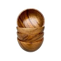 Acacia Wood Bowls, Set of 4, Handmade, Decorative, for Serving Food, Small Salads, Dips, Sauces in the Kitchen or Dining Room, Natural Rustic Design, 5” Diameter