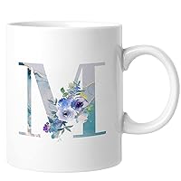 Monogram Letter M Funny Coffee Mug Marbling Letter Blue Flower Coffee Cup 11oz Novelty Coffee Mugs Name Initial Unique Gifts For Cappuccino Espresso Latte Milk Tea