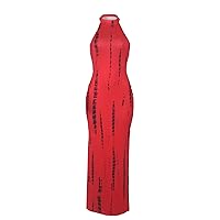 Women Floor Length Halter Dress Colorful Printing Sleeveless Maxi Dress Bodycon Party Beach Dress