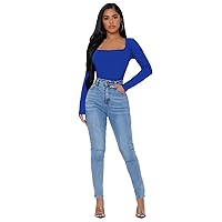 Women's Tops Shirts for Women Sexy Tops for Women Solid Square Neck Slim Tee Shirts for Women (Color : Royal Blue, Size : XX-Small)