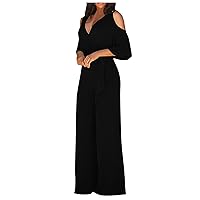 Women's 2024 Summer Casual Solid Colour Jumpsuit,V-Neck Hollow Out Short Sleeve Loose Wide Leg Pants overalls