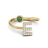 Capital E Initial Letter Natural Emerald Gemstone Women Ring Adjustable Front Open Ring Jewelry 925 Sterling Silver