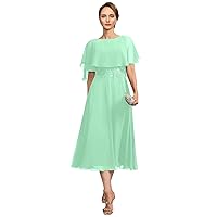 Mother of The Bride Dresses Chiffon Tea Length Formal Evening Gowns Ruffle Sleeve Wedding Guest Dresses