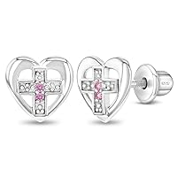 925 Sterling Silver Small Pink Cubic Zirconia Heart Cross Safety Screw Back Earrings For Girls- Lightweight Earrings For Toddlers, Little Girls & Young Teens