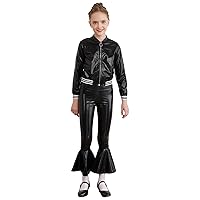 FEESHOW Kids Girls Metallic Long Sleeve Jacket with High Waist Bell-bottoms Pants for Jazz Dance Performance Competition