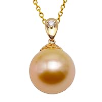 JYX Pearl 18K Gold Pendant AAA+ Quality Genuine 10.5mm Golden Southsea Cultured Pearl Pendant Necklace Dotted with Diamonds for Women