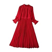 Spring Elegant Chiffon Pleated Dress for Party Red Lace Patchwork Women Long Sleeve Mid Calf Robe