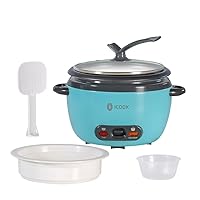 Blue Rice Cooker 1L Grains,Oatmeal,Cereals Cooker,Rice Warmer Steamer,Small Mini Rice Cooker Removable Nonstick Pot,Full View Glass Lid,Stand Plastic Knob