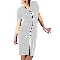 23 Colors Lady Zipper Short Sleeve Clubwear Wetlook PVC Slim Dress (Silver,XXL)