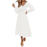 MEROKEETY Women's 2024 Casual Long Sleeve Smocked Dress V Neck High Waist Ruffle Tiered Midi Dresses