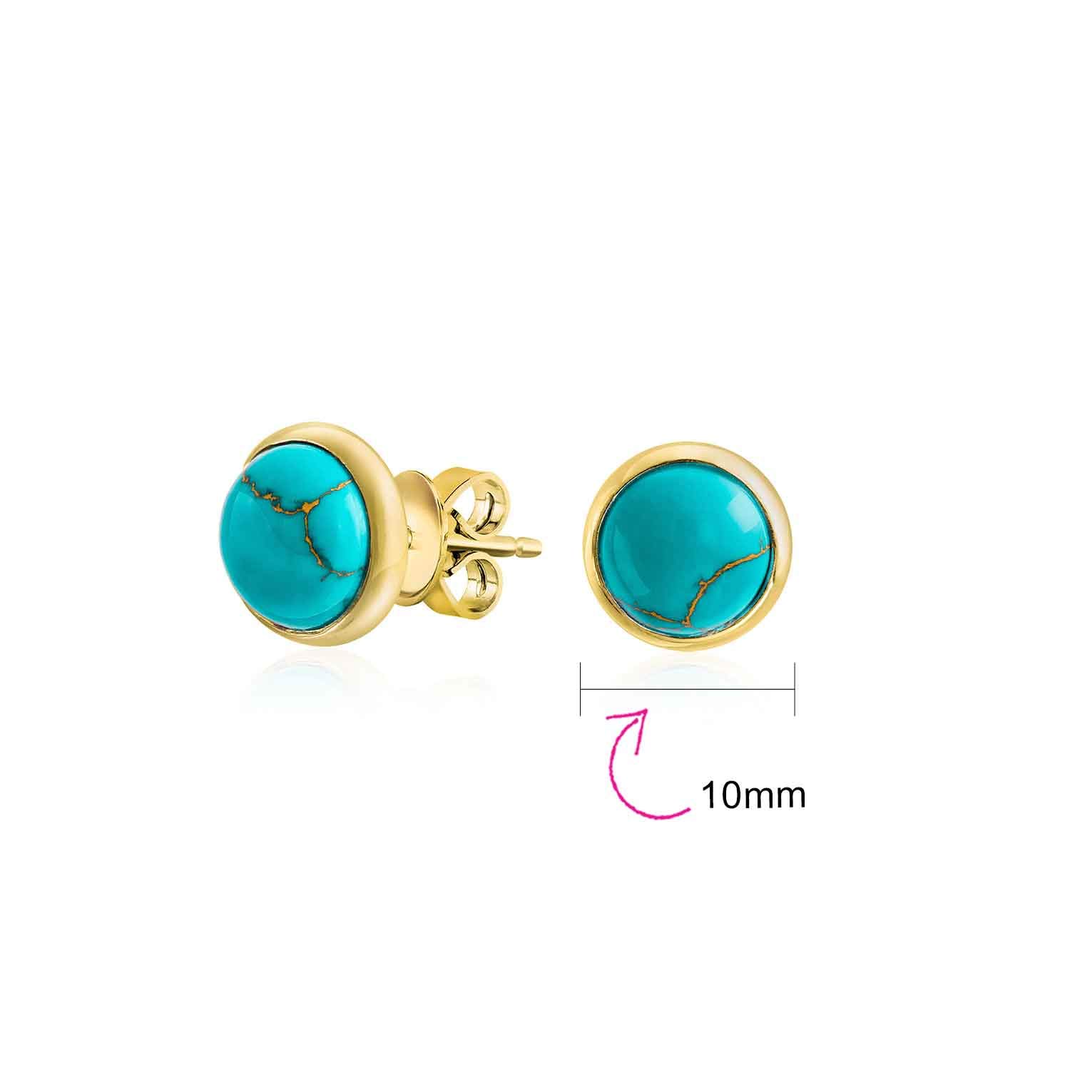Simple Semi Precious Gemstone Created Blue Lapis Turquoise Black Onyx Bezel Set Round Dome Button Stud Earrings For Women Yellow 14K Gold Plated .925 Sterling Silver