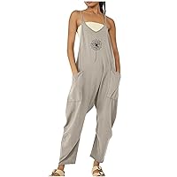 Dandelion Print Overalls for Women Baggy Jumpsuits with Big Pockets, Summer Sleeveless Romper Casual Wide Leg Pants