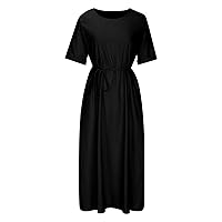 Linen Dresses for Women Casual Summer Maxi Dress 2023 Trendy Slit Long Sundresses Fashion Short Sleeve Pocket Dress