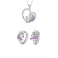 Sterling Silver Unicorn Necklace and Earrings, Unicorn Jewelry Set Birthday Gifts for Girls Daughter Granddaughter Women