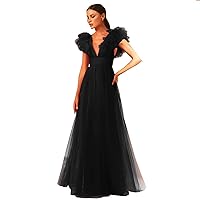 Women's Simple Ruffles Tulle Prom Dresses V-Neck Party Gowns Backless A Line Long Women's Evening Dress