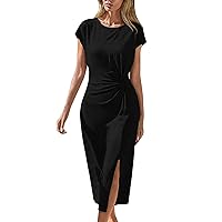 Maxi Dresses for Women 2024 with Sleeves, Multi Colored Women's Short Sleeved Twisted Split Dress Long, S XL