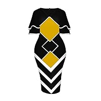 Women's Slim Fitting Dress V-Neck Irregular Geometric Pattern Layered Sleeve Slim Waist Midi Dress Porm Party