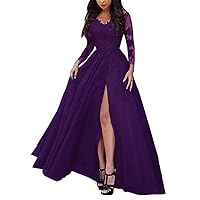 VeraQueen Women's High Split Long Sleeves Formal Evening Dress Lace Appliques Backless Prom Ball Gown Blue Purple