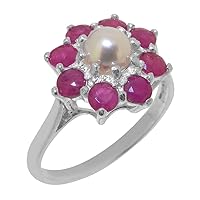 Solid 925 Sterling Silver Cultured Pearl & Ruby Womens Cluster Ring - Sizes 4 to 12 Available