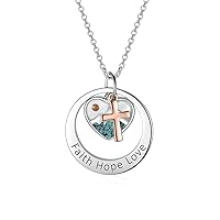 AOBOCO Two-Tone Sterling Silver and Rose Gold or Gold-Faith Hope Love Cross Charm Pendant Necklace with Austrian Crystal