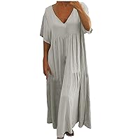 Women's Short Sleeve V Neck Cotton Linen Maxi Dresses Casual Loose Solid Color Tiered Swing Ruffle Flowy Long Dress