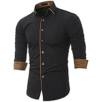 Men's Contrast Slim Long Sleeve Shirt Fit Casual Button Down Dress Shirt Collar Fashion Wrinkle-Resistant Shirt