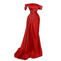 Tsbridal Women Mermaid Beads Prom Dress with Slit Satin Bridesmaid Dresses Long Off The Shoulder Evening Formal Party Gown