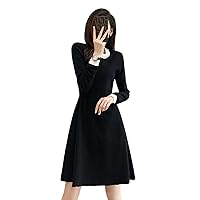 Women's Long Sleeve Pleated Loose Swing Casual Dress with Pockets Knee Length,Black,M