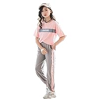 Girls Contrast Color Pullover Activewear Sportsuit Printed Shirt Top + Ninth Pants