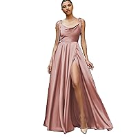 Cowl Neck Satin Prom Dresses Long with High Slit Spaghetti Straps Open Back Formal Evening Gowns for Women R010