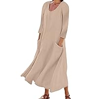Womens Summer Dresses Casual 3 of 4 Sleeve Crew Neck Loose Boho Dress with Pockets Solid Color Sundress(Black,Large)