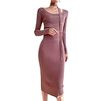 Chic Lace-Up Square Collar Women Long Sleeve Knitted Dresses Ladies Elasticity Sashes Slim Bodycon Knit Dress