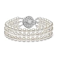 Triple Strand White Freshwater Cultured Pearl Bracelet for Women AA+ Quality with Sterling Silver Clasp 7.5