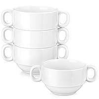 LOVECASA 20 Ounces Soup Bowls with Handles,Porcelain French Onion Soup Bowls,Cereal,Chilli,Pot Pies,Stew,Stackable Serving Bowls Set,Oven Microwave Dishwasher Safe, Set of 4, White
