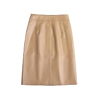 Women Genuine Leather Skirt Female Slit Pockets Sewing High Waist A-Line Mid-Length Chic Stylish Dress