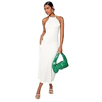 Tie Backless Halter Dress (Color : White, Size : Large)