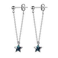 Solid 925 Sterling Silver Star Chain Drop Earrings Tassel for Women Teen Girls Blue Star Dangle Earrings Chain Studs