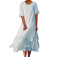 Women's 2024 Summer Dress Boho Casual Loose Beach Long Maxi Dress Short Sleeve Irregular Hem Tiered Flowy Swing Dress